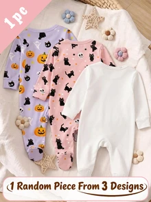 Oo Cute To Spook 幼童女童萬聖節服裝，可愛幽靈貓南瓜印花，每單隨機 1 件，柔軟布料 - 彩色 - 查看 2