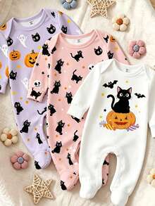 Oo Cute To Spook 幼童女童萬聖節服裝，可愛幽靈貓南瓜印花，每單隨機 1 件，柔軟布料 - 彩色 - 查看 5