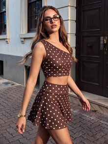Pariaura Women's Polka Dot Print One Shoulder Sleeveless Top And Skorts Sports Set - Multicolor - View 3
