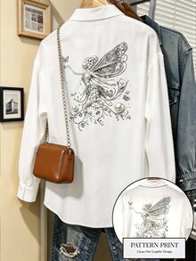 INAWLY Plus Size Women's Character Print Long Sleeve Single-Breasted Casual Shirt - Beige - View 1