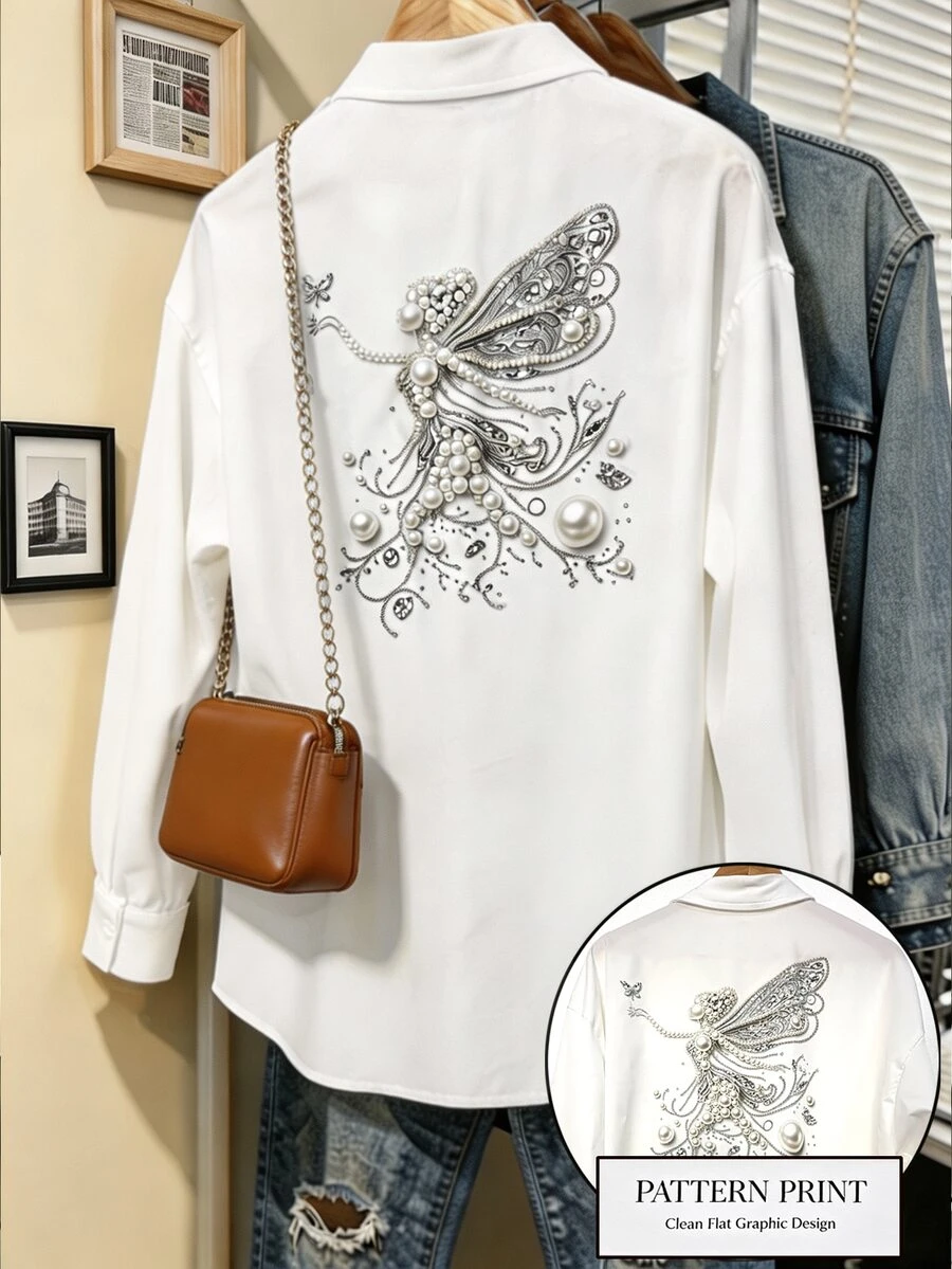 INAWLY Plus Size Women's Character Print Long Sleeve Single-Breasted Casual Shirt - Beige - View 1