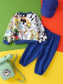 LOONEY TUNES X SHEIN Baby Boy Cool Cartoon Animal Print Color Block Loose Sweatshirt & Sweatpants Set, Autumn/Winter Fall - Blue - View 3