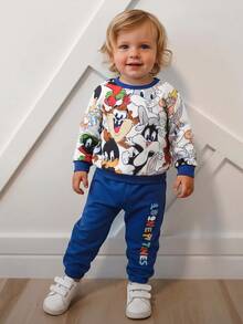 LOONEY TUNES X SHEIN Baby Boy Cool Cartoon Animal Print Color Block Loose Sweatshirt & Sweatpants Set, Autumn/Winter Fall - Blue - View 2