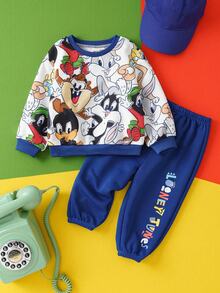 LOONEY TUNES X SHEIN Baby Boy Cool Cartoon Animal Print Color Block Loose Sweatshirt & Sweatpants Set, Autumn/Winter Fall - Blue - View 8