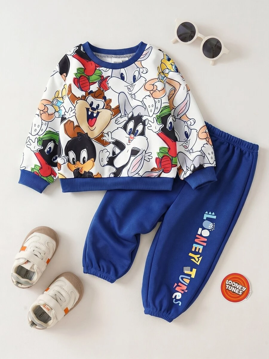 LOONEY TUNES X SHEIN Baby Boy Cool Cartoon Animal Print Color Block Loose Sweatshirt & Sweatpants Set, Autumn/Winter Fall - Blue - View 1