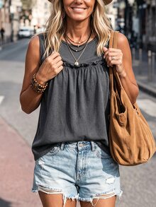 Breezaya Women's Summer Grey Knit Round Neck Patchwork Frill Trim Pleated A-Line Western Casual Tank Top, Suitable For Vacation And Daily Commute - Grey - View 3