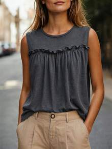 Breezaya Women's Summer Grey Knit Round Neck Patchwork Frill Trim Pleated A-Line Western Casual Tank Top, Suitable For Vacation And Daily Commute - Grey - View 8