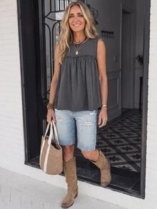 Breezaya Women's Summer Grey Knit Round Neck Patchwork Frill Trim Pleated A-Line Western Casual Tank Top, Suitable For Vacation And Daily Commute - Grey - View 4