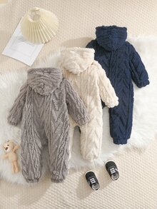 SHEIN 2件裝新生兒男嬰女嬰秋冬款可愛休閒紋理毛絨連帽連腳連身衣，中性嬰兒冬裝秋裝 - 彩色 - 查看 3