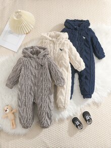 SHEIN 2件裝新生兒男嬰女嬰秋冬款可愛休閒紋理毛絨連帽連腳連身衣，中性嬰兒冬裝秋裝 - 彩色 - 查看 8