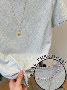 Resyla 女士花卉边饰圆领短袖休闲百搭T恤 - 灰色 - 查看 3