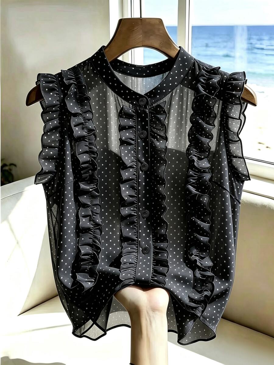 SHEIN 女士黑色波点雪纺衬衫,优雅浪漫荷叶边下摆 - 黑色 - 查看 1