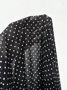 SHEIN 女士黑色波点雪纺衬衫，优雅浪漫荷叶边下摆 - 黑色 - 查看 5