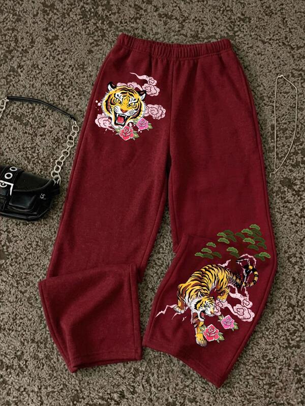 Attitoon Women's Casual Low Waist Straight Leg Sweatpants, Red, Tiger Print, Y2K Outfit, Vintage, Summer Clothing, Streetwear, Suitable For Daily Commute, Date, Party, Autumn/Winter, Summer, Party, Wedding, Beach, Graduation Ceremony, Elegant, Casual, Outing, Y2K, Music Festival Outfit, Back To School Clothing