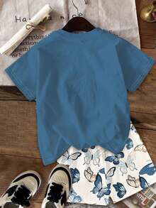 2pcs Tween Girls' Casual Butterfly Print Short Sleeve Top And Shorts Set, Suitable For Summer - Multicolor - View 3