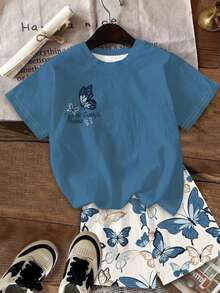 2pcs Tween Girls' Casual Butterfly Print Short Sleeve Top And Shorts Set, Suitable For Summer - Multicolor - View 2