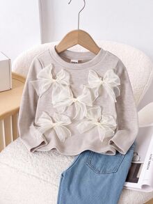 SHEIN Baby Girl Knit Solid Color Round Neck 3D Bow Casual T-Shirt Top - Apricot - View 9