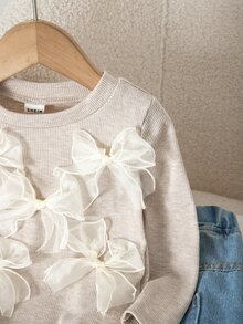 SHEIN Baby Girl Knit Solid Color Round Neck 3D Bow Casual T-Shirt Top - Apricot - View 4