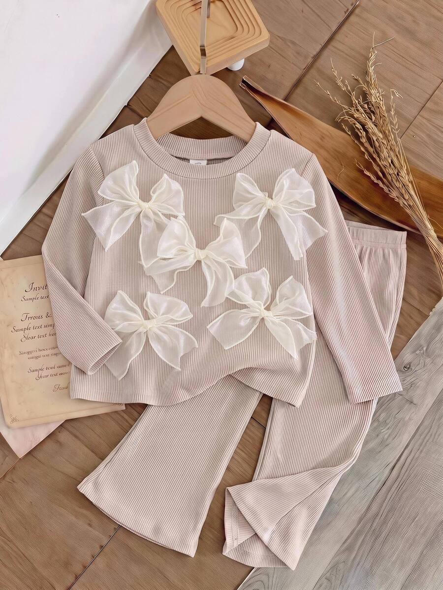 SHEIN Baby Girl Knit Solid Color Round Neck 3D Bow Casual T-Shirt Top - Apricot - View 1