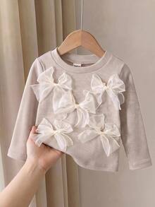 SHEIN Baby Girl Knit Solid Color Round Neck 3D Bow Casual T-Shirt Top - Apricot - View 6