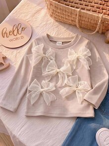 SHEIN Baby Girl Knit Solid Color Round Neck 3D Bow Casual T-Shirt Top - Apricot - View 8