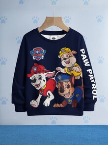SHEIN | PAW Patrol 小男孩可爱卡通小狗印花圆领长袖针织卫衣，休闲户外运动服 - 藏蓝色 - 查看 1