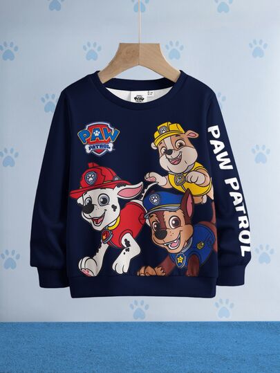 SHEIN | PAW Patrol 小男孩可爱卡通小狗印花圆领长袖针织卫衣，休闲户外运动服