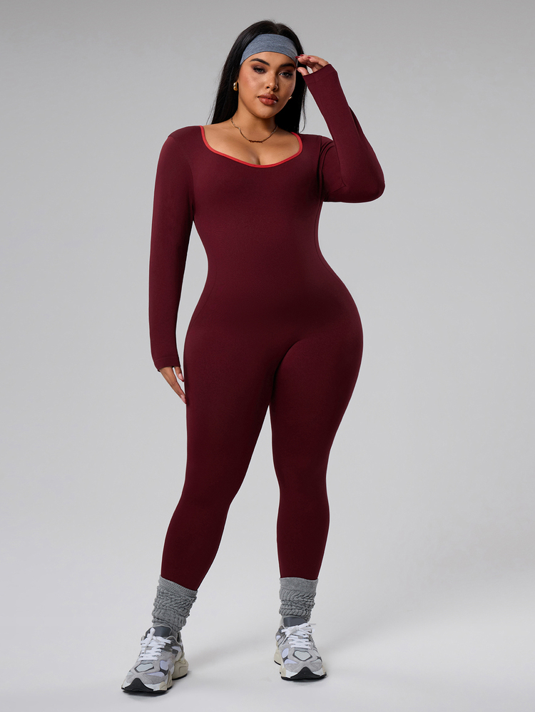 Rhythm Era Plus Size Women Seamless Backless Sports Jumpsuit - Burgundy - View 5