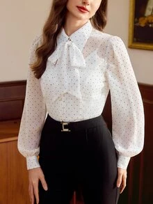 Vintamour 復古法式優雅女款黑白波點印花休閒教師節開襟襯衫 辦公室穿搭 2026 秋季秋冬返校季 - 白色 - 查看 7