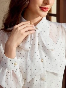 Vintamour 復古法式優雅女款黑白波點印花休閒教師節開襟襯衫 辦公室穿搭 2026 秋季秋冬返校季 - 白色 - 查看 5