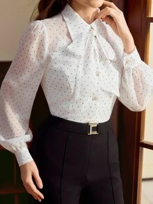 Vintamour 復古法式優雅女款黑白波點印花休閒教師節開襟襯衫 辦公室穿搭 2026 秋季秋冬返校季 - 白色 - 查看 4