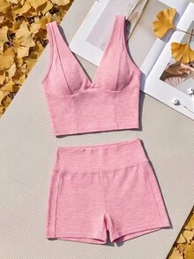 SHEIN Cheerettes 女款純色百搭背心與口袋修身短褲運動套裝 - 粉色 - 查看 3