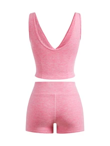 SHEIN Cheerettes 女款純色百搭背心與口袋修身短褲運動套裝 - 粉色 - 查看 5