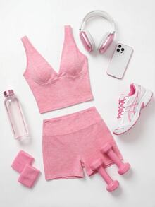 SHEIN Cheerettes 女款純色百搭背心與口袋修身短褲運動套裝 - 粉色 - 查看 2