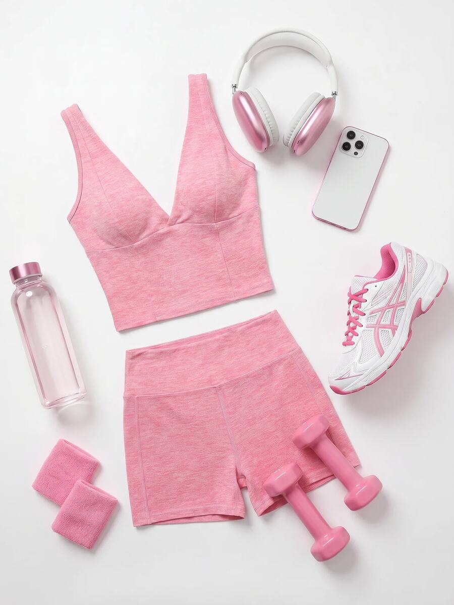 SHEIN Cheerettes 女款純色百搭背心與口袋修身短褲運動套裝