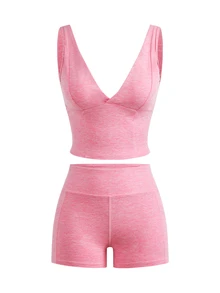 SHEIN Cheerettes 女款純色百搭背心與口袋修身短褲運動套裝 - 粉色 - 查看 4