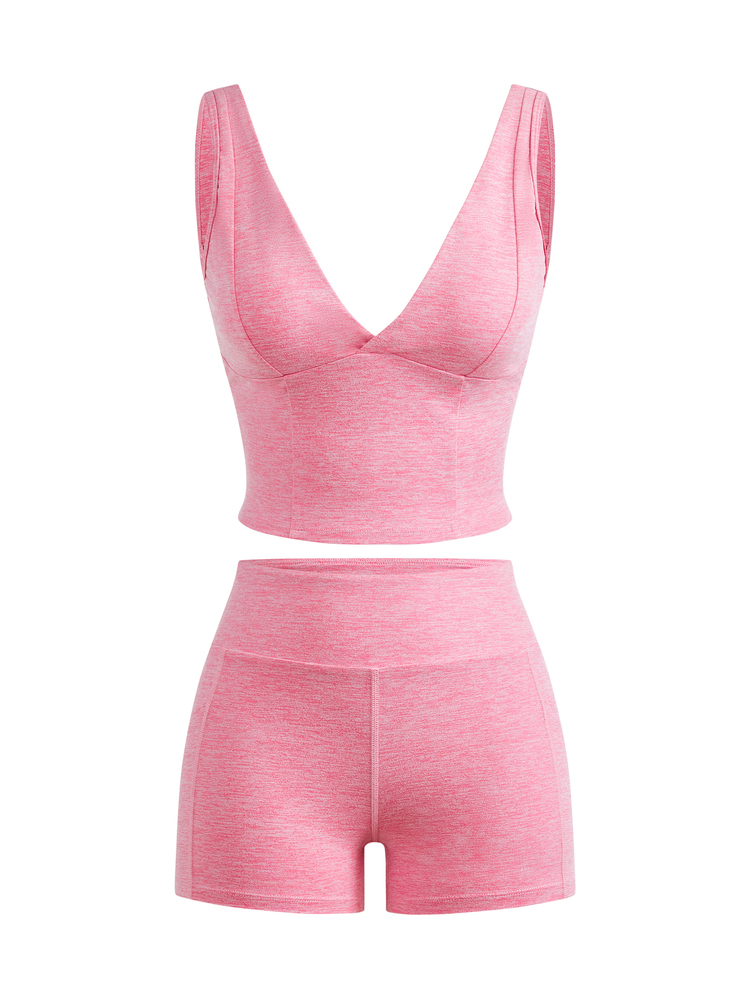 SHEIN Cheerettes Women's Solid Color Versatile Tank Top And Pocket Fitted Shorts Sports Set - Pink - View 3