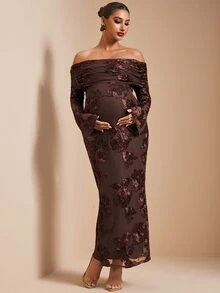 MaterniChic 優雅刺繡百褶長袖露肩孕婦洋裝 秋季嬰兒洗禮派對婚禮正式禮服 奢華晚宴外出裙 - 棕色 - 查看 4