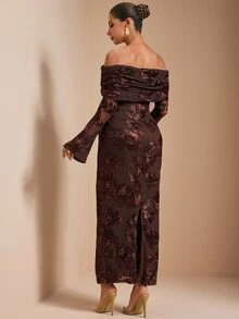 MaterniChic 優雅刺繡百褶長袖露肩孕婦洋裝 秋季嬰兒洗禮派對婚禮正式禮服 奢華晚宴外出裙 - 棕色 - 查看 9