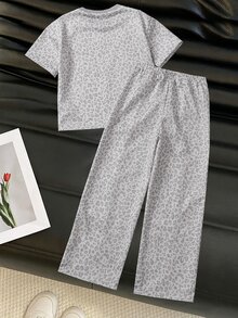 SHEIN 女童休閒寬鬆落肩豹紋中袖T恤與運動長褲兩件套，適合休閒穿著 - 灰色 - 查看 2