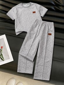 SHEIN 女童休閒寬鬆落肩豹紋中袖T恤與運動長褲兩件套，適合休閒穿著 - 灰色 - 查看 3
