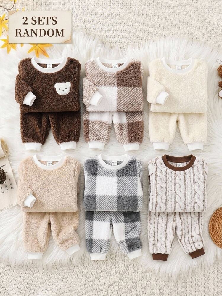 SHEIN 2pcs/Set Baby Boy Baby Girl Autumn/Winter Casual Versatile Fluffy Cute Cartoon Bear & Patch Pattern Long Sleeve Top & Pants Loungewear Set,Fall - Brown - View 2