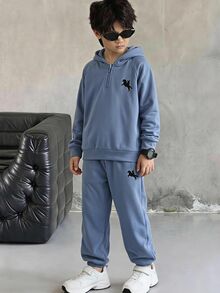SHEIN Kids Tween Boy Knight Print Raglan Long Sleeve Autumn Winter Hoodie And Sweatpants Casual Set - Dusty Blue - View 5