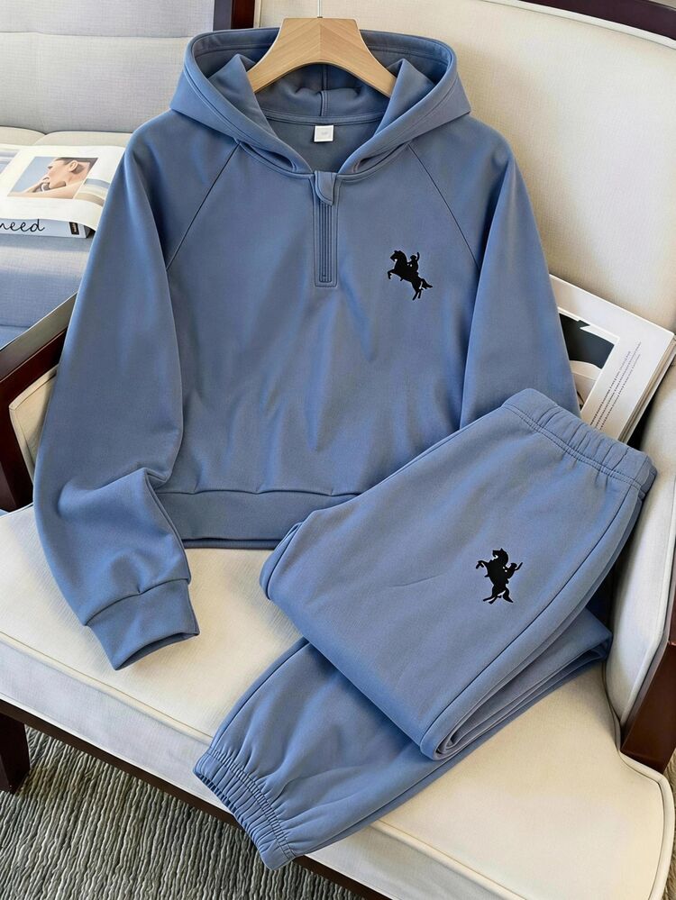 SHEIN Kids Tween Boy Knight Print Raglan Long Sleeve Autumn Winter Hoodie And Sweatpants Casual Set - Dusty Blue - View 4
