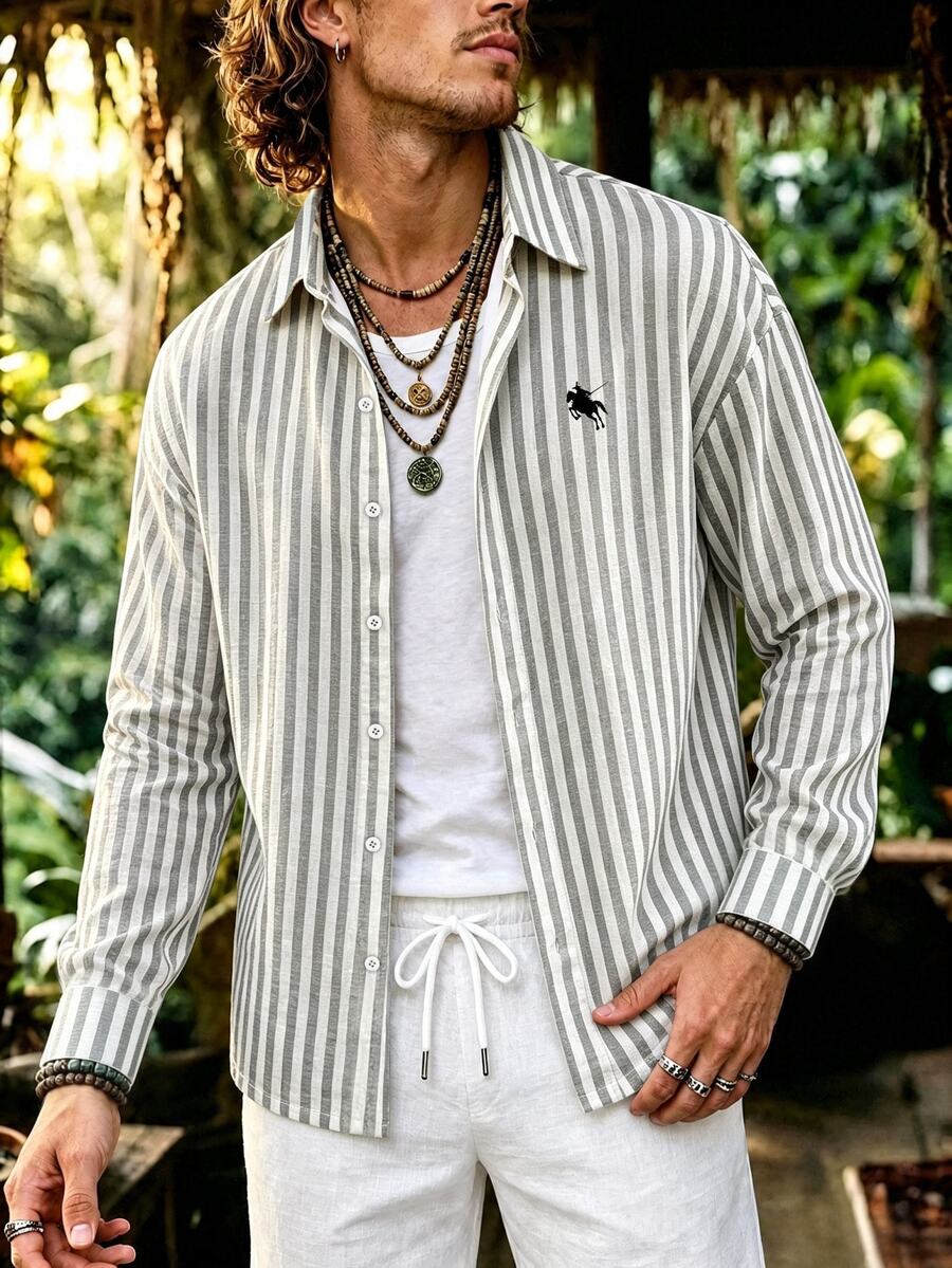 Genlund 男士紋理條紋鈕扣襯衫,馬刺繡設計,長袖上衣,適合休閒外出,秋季服飾,秋季穿搭,秋季新款 - 彩色 - 查看 1