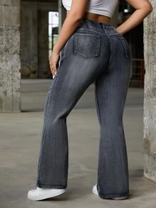 SHEIN ICON Y2K Streetwear Washed Elastic Denim Flare Pants - Dark Grey - View 2