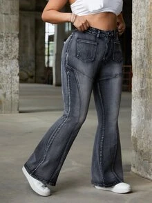SHEIN ICON Y2K Streetwear Washed Elastic Denim Flare Pants - Dark Grey - View 5