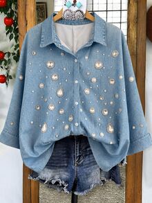 Calvaya Kemeja Wanita Ukuran Besar Kasual Musim Gugur Streetwear Elegan dengan Motif Perhiasan Vintage, Berkerah, Berkancing, dan Motif Cetak Posisi, Cocok untuk Acara Malam Formal, Warna Biru. - Biru - View 3