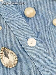 Calvaya Kemeja Wanita Ukuran Besar Kasual Musim Gugur Streetwear Elegan dengan Motif Perhiasan Vintage, Berkerah, Berkancing, dan Motif Cetak Posisi, Cocok untuk Acara Malam Formal, Warna Biru. - Biru - View 5