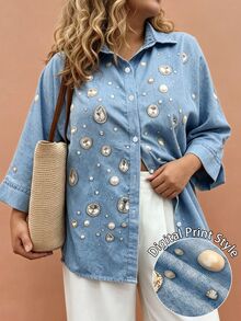 Calvaya Kemeja Wanita Ukuran Besar Kasual Musim Gugur Streetwear Elegan dengan Motif Perhiasan Vintage, Berkerah, Berkancing, dan Motif Cetak Posisi, Cocok untuk Acara Malam Formal, Warna Biru. - Biru - View 1